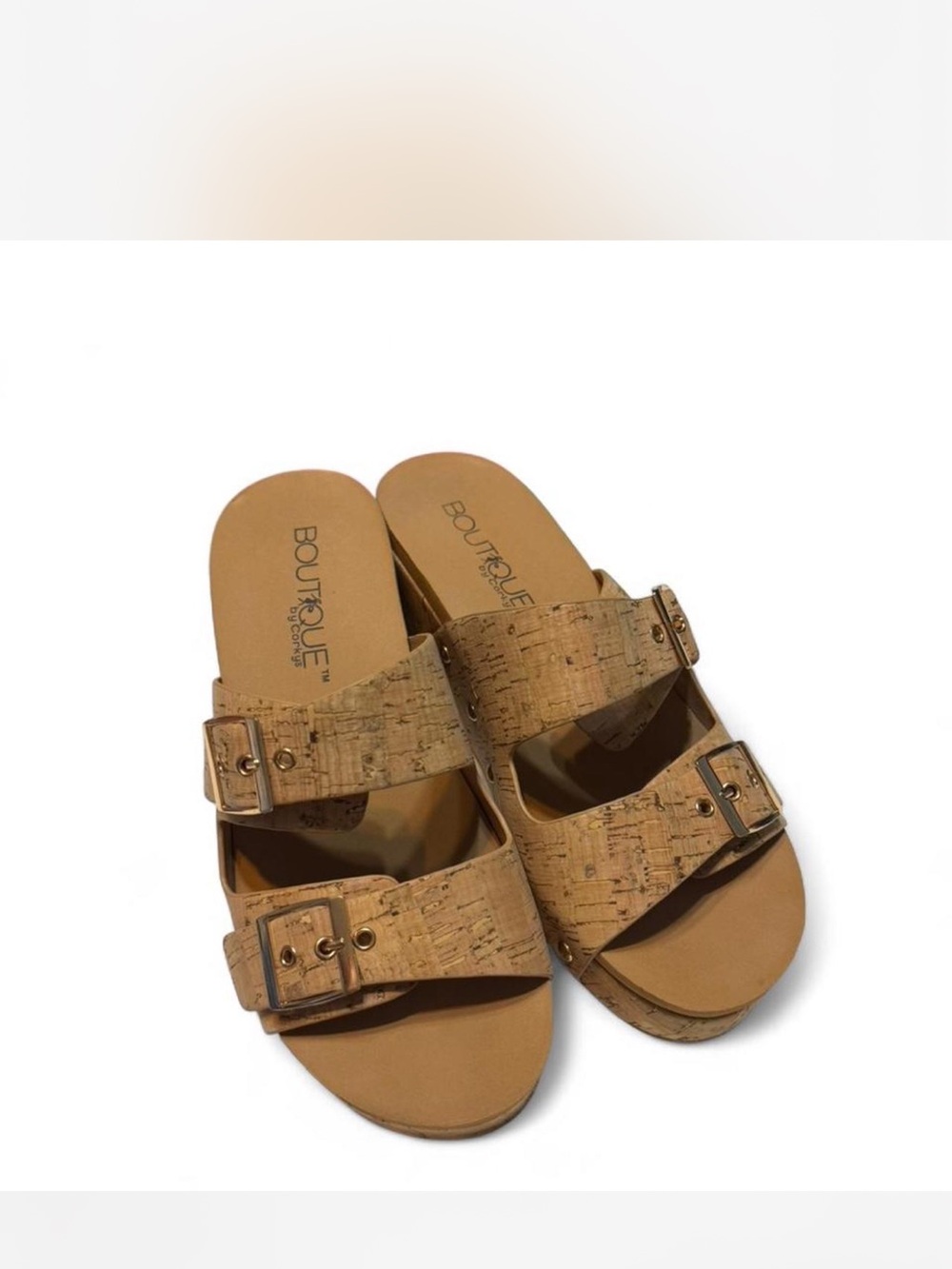 Boutique By Corkys Tan Cork Double-Buckle Wedge Sandals